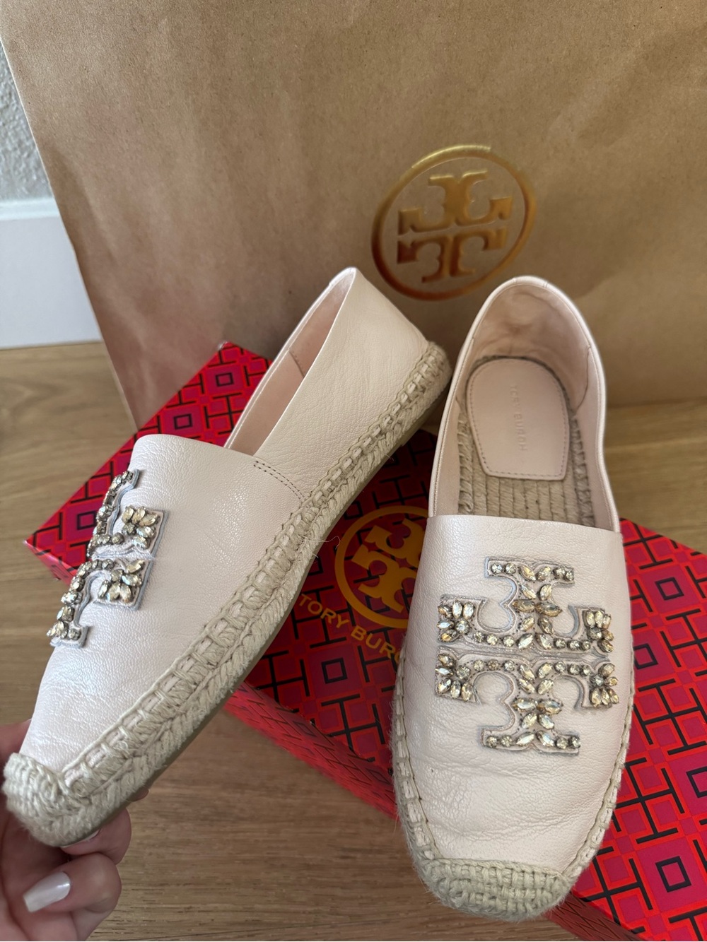 Tory Burch Espadrille Flats with Jeweled Logo